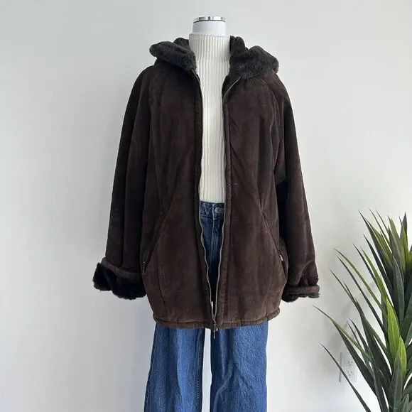 Marvin Richards Jacket Womens XL Brown Suede Leather Faux Fur Lined Hooded